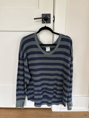 aerie Striped V-Neck Sweater in Green and Navy